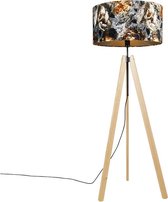 QAZQA telu - Landelijke Vloerlamp | Staande Lamp met kap - 1 lichts - H 161 cm - Bloemen print -  Woonkamer | Slaapkamer