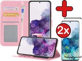 Hoesje Geschikt voor Samsung S20 Plus Hoesje Book Case Hoes Portemonnee Cover Walletcase Met 2x Screenprotector - Hoes Geschikt voor Samsung Galaxy S20 Plus Hoes Bookcase Hoesje - Lichtroze