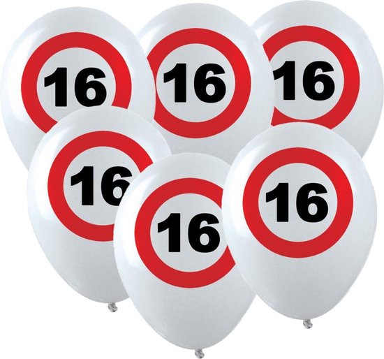12x Leeftijd verjaardag ballonnen met 16 jaar stopbord opdruk 28 cm