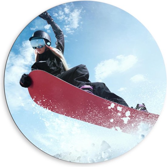 Dibond Wandcirkel - Snowboardster met Roze Bord  - 80x80cm Foto op Aluminium Wandcirkel (met ophangsysteem)
