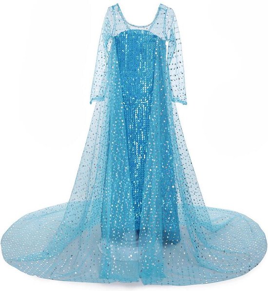 Prinses - Elsa jurk met sleep - Frozen -  Prinsessenjurk - Verkleedkleding - Blauw - Maat 122/128 (6/7 jaar)