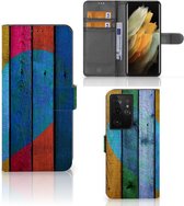 Mobiel Bookcase Geschikt voor Samsung Galaxy S21 Ultra Smartphone Hoesje Wood Heart