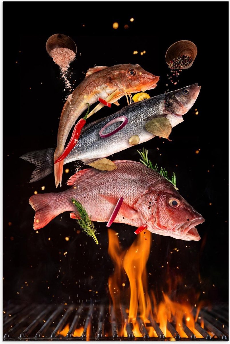 Poster – Vissen met Specerijen op de BBQ - 80x120cm Foto op Posterpapier