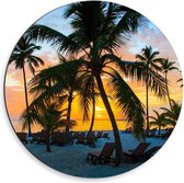 Dibond Wandcirkel - Op het Strand met Zonsondergang - 50x50cm Foto op Aluminium Wandcirkel (met ophangsysteem)