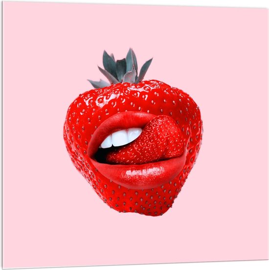 Acrylglas - Rode Lippen bij Rode Aardbei - 100x100cm Foto op Acrylglas (Met Ophangsysteem)