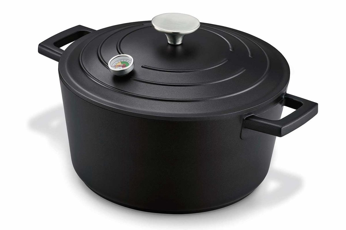 KitchenFun Ragu Non-Stick Braadpan / Stoofpot / Kookpot Ø 28cm – Inclusief Thermometer – 100% PFAS vrij – Energy Saving- Inductie geschikt- Hoogwaardig lichtgewicht Aluminium- Keramische coating - Anti Aanbaklaag – Zwart