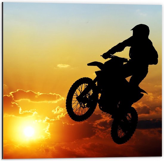 Dibond - Motorbike Silhouette in de Zon - 50x50cm Foto op Aluminium (Wanddecoratie van metaal)