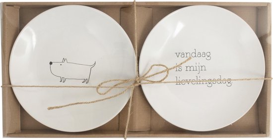 Set van 2 witte borden, één met een getekende hond, de ander met 'vandaag is mijn lievelingsdag'.