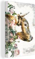 Canvas Schilderij Schotse Hooglander - Bloemen - Rozen - 20x30 cm - Wanddecoratie