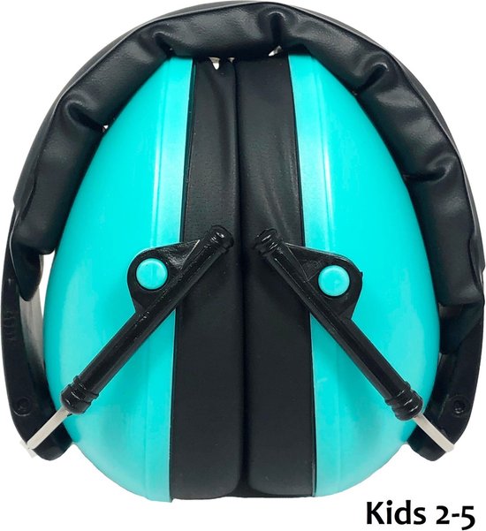 Casque antibruit turquoise pour enfants avec serre-tête noir, plié. Pour 2-5 ans.