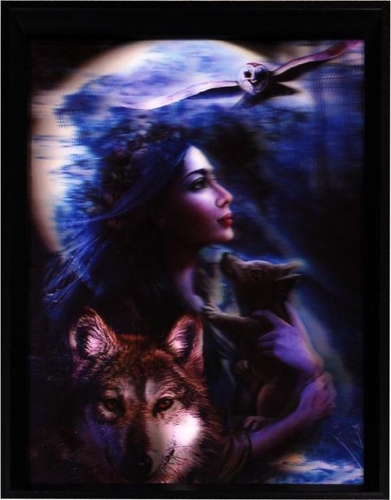 3d schilderij Vrouw met wolven en uil