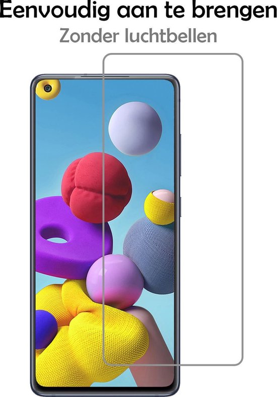 Screenprotector voor Samsung Galaxy A21s, eenvoudig aan te brengen zonder luchtbellen.