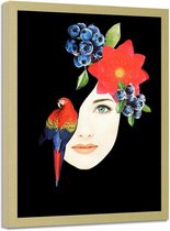 Foto in frame , Vrouwen gezicht met vogel en bloemen ,70x100cm , Multikleur , wanddecoratie