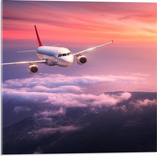 Acrylglas - Vliegtuig bij Zon boven de Wolken - 50x50cm Foto op Acrylglas (Wanddecoratie op Acrylglas)