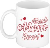 Best mom ever mok wit met rode hartjes - contour letters - moeder cadeau mok / beker - Moederdag / verjaardag