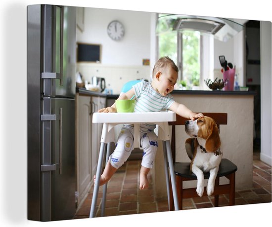 Canvas Schilderij Baby - Kinderstoel - Hond - 90x60 cm - Wanddecoratie