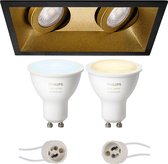 PHILIPS HUE - LED Spot Set GU10 - White Ambiance - Bluetooth - Primux Zano Pro - Inbouw Rechthoek Dubbel - Mat Zwart/Goud - Kantelbaar - 185x93mm