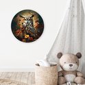 Cercle mural rond avec un hibou détaillé dans un bosquet de fleurs et de plantes aux couleurs chaudes et vives.
