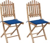 The Living Store buitenstoelen set - bamboe - 50x42x92 cm - inklapbaar - blauw kussen (2 stuks)