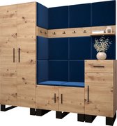 Garderobekast Ganggarderobe Compacte garderobe Vestibule Wandkast Plank Hal & Gang Kast Schoenenkast Gestoffeerde panelen en met een kussen - (BxHxD): 200x196x45,6 cm - ERNETST 1 - Artisan (Blauw (Manila 26))