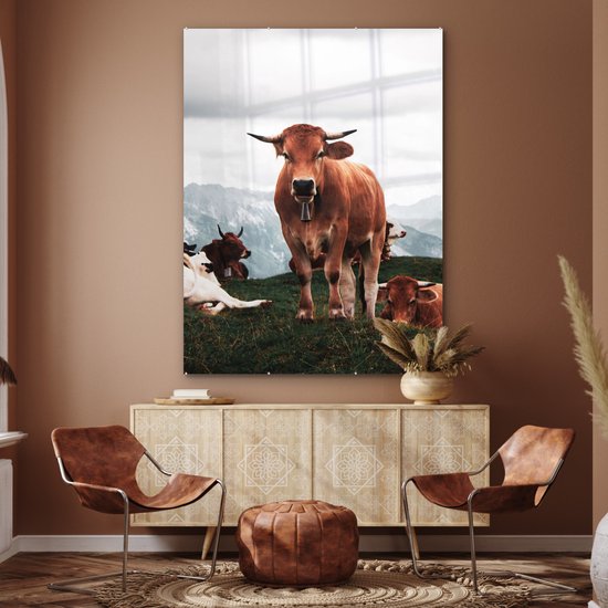 MuchoWow® Peinture sur verre 120x160 cm - Peinture sur verre acrylique - Animaux - Vache - Berg - Photo sur verre - Peintures