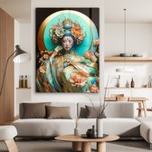 MuchoWow® Glasschilderij 120x160 cm - Schilderij acrylglas - Vrouw - Kimono - Bloemen - Goud - Portret - Foto op glas - Schilderijen