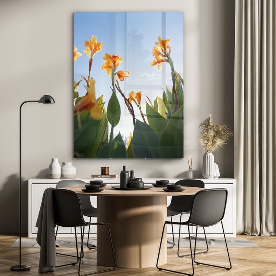 MuchoWow® Peinture sur verre 90x120 cm - Peinture sur verre acrylique - Fleurs de canna sous un ciel clair - Photo sur verre - Peintures