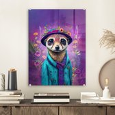 MuchoWow® Glasschilderij 30x40 cm - Schilderij acrylglas - Meerkat - Bloemen - Verf - Paars - Portret - Stokstaartje - Foto op glas - Schilderijen