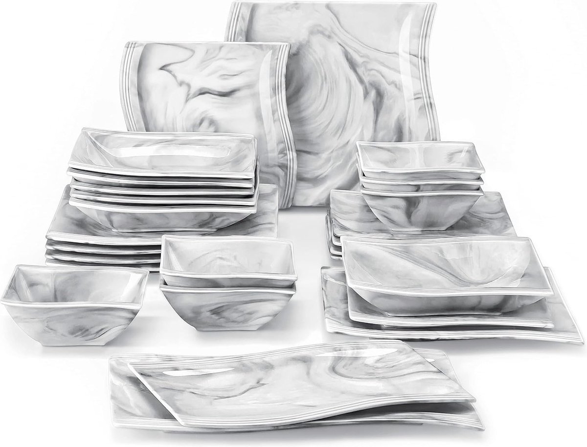 Series Flora, 26-delig serviesgoed van marmerporselein combiservice in klassiek design met elk 6 kommen, 6 dessertborden, 6 soepborden, 6 dinerborden en 2 rechthoekige borden Merk: MALACASA