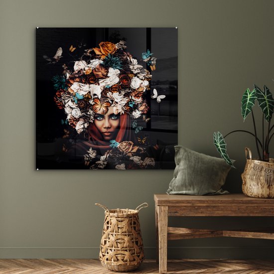 Peinture sur Verre - Fleurs - Papillon - Femmes - Foulard - 90x90 cm - Peintures sur Verre Peintures - Photo sur Glas
