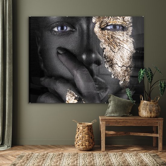 MuchoWow® Peinture sur verre 160x120 cm - Peinture sur verre acrylique - Femme - Or - Zwart - Maquillage - Luxe - Photo sur verre - Peintures