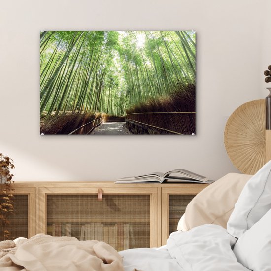 ® Glasschilderij 60x40 cm - Schilderij acrylglas - Bamboebosje in Arashiyama Japan - Foto op glas - Muurdecoratie woonkamer - Wanddecoratie slaapkamer - Schilderijen