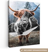 Schotse hooglander - Dieren - Zwart - Wit - Canvas - 60x80 cm - Wanddecoratie