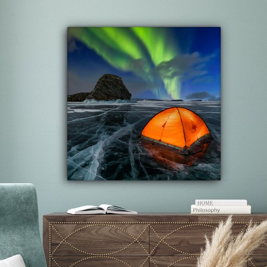 Tableau sur toile Aurores Boréales - Tente - Glace - Scandinavie - 90x90 cm - Décoration murale