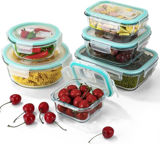 Set de boîtes de conservation alimentaire en verre, conservation hermétique pour 6 personnes, avec couvercle transparent, hermétique, passe au micro-ondes, au koelkast, au lave-vaisselle, évite les fuites d'air