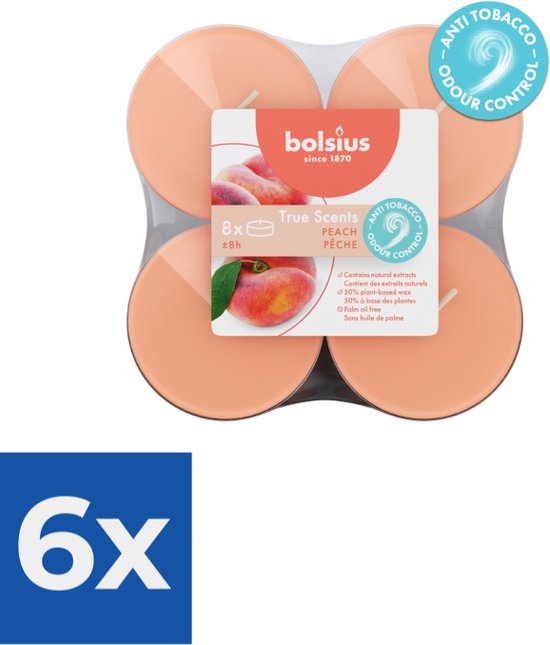 Bolsius Maxilichten clear cup True Scents Peach 8uur pak a 8 stuks - Voordeelverpakking 6 stuks