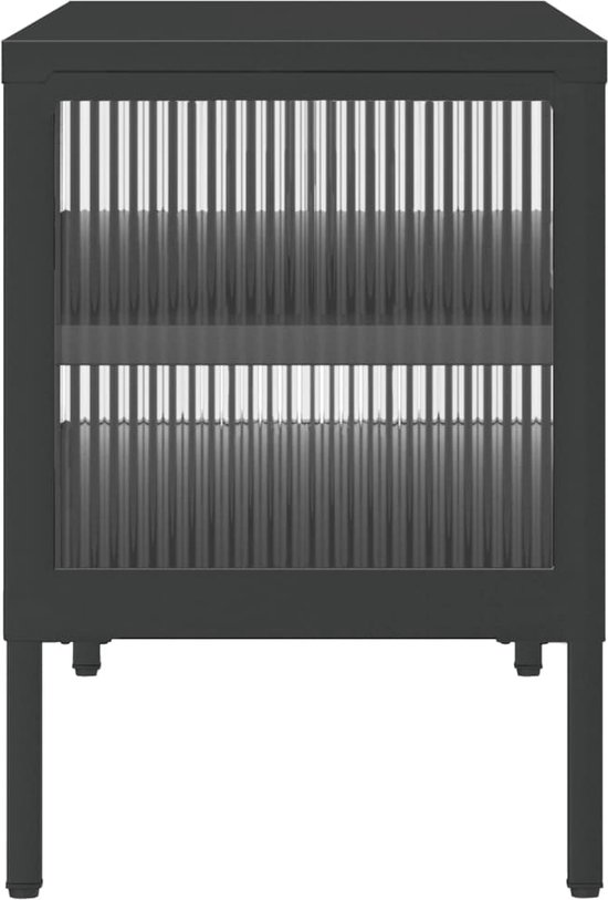 Meuble TV noir avec portes vitrées, effet rayé, sur pieds.