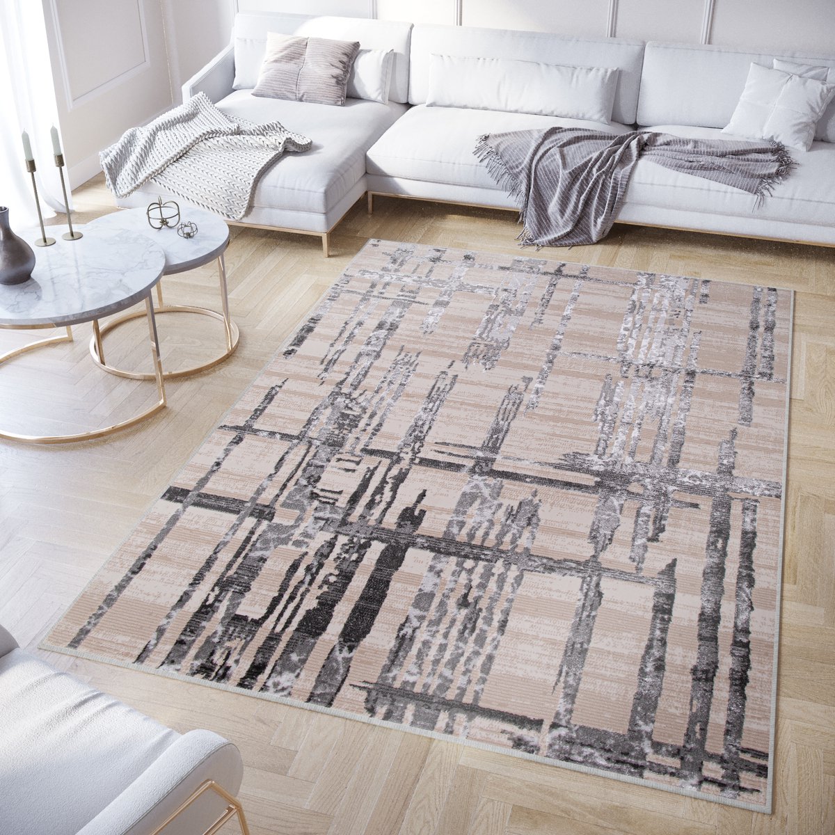 Tapiso Crystal Vloerkleed Beige Grijs 3D Effect Tapijt Maat- 140x200 Lichtgrijs 3