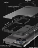Exploded view van een zwarte MagSafe hoes met labels voor matt pc, camera protector, hard tpu bumper en metal button.