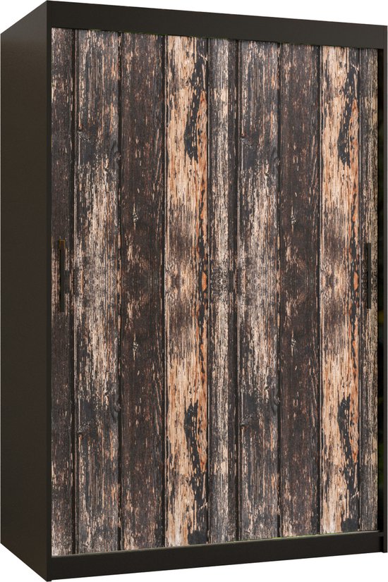 Zweefdeurkast Kledingkast met 2 schuifdeuren Garderobekast slaapkamerkast Kledingstang met planken (LxHxP): 120x200x62 cm - PASTEUR I (Zwart + oud houtpatroon, 120)