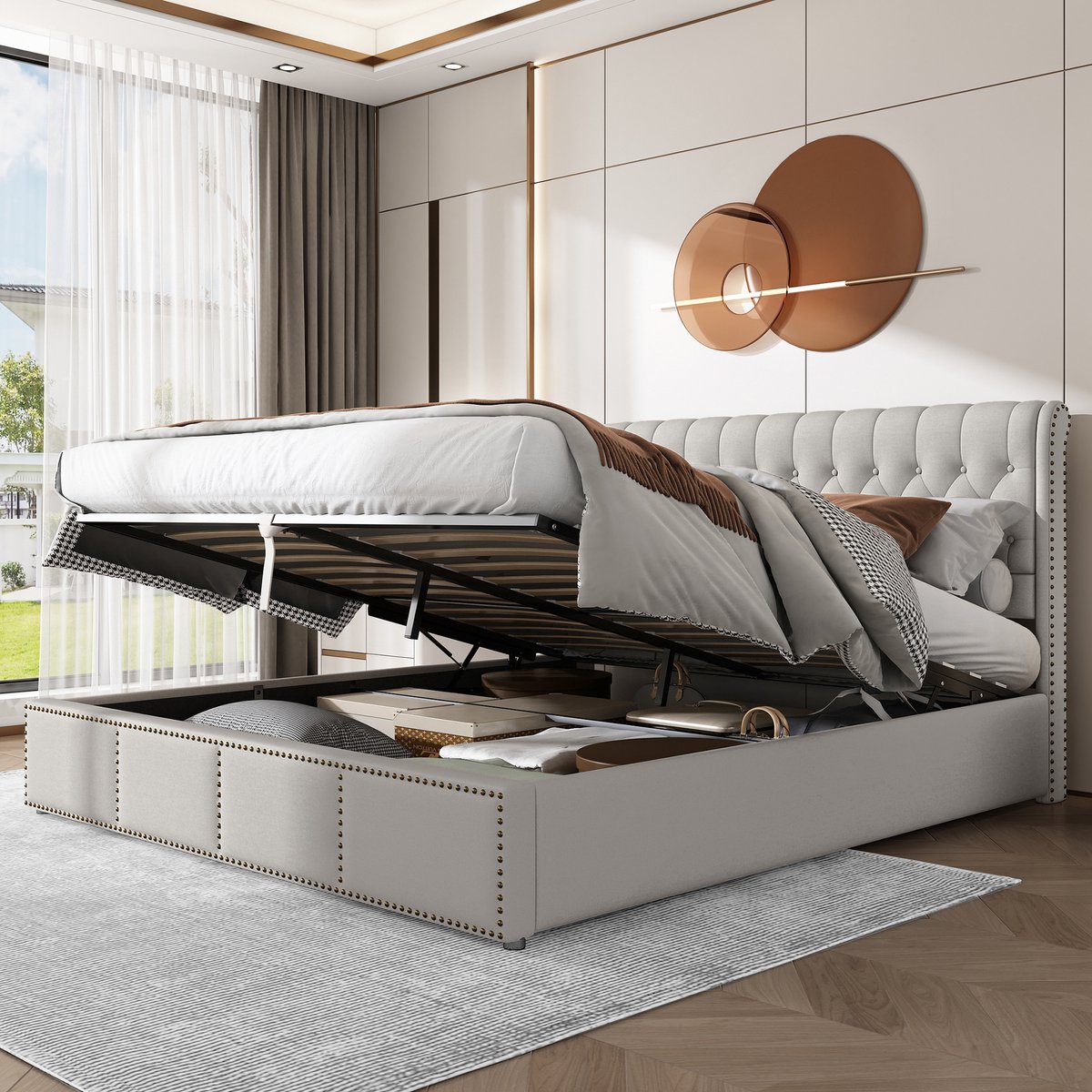 Katoen-linnen gestoffeerd bed, met hydraulische hendel, opbergruimte voor bedboxen, klinknageldecoratie, 160 x 200 cm, zonder matras, lichtgrijs