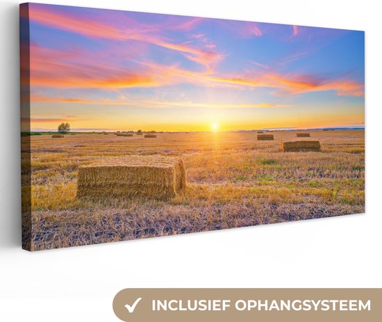 Toile Peinture Paille - Soleil - Ciel - Paysage - 80x40 cm - Décoration murale