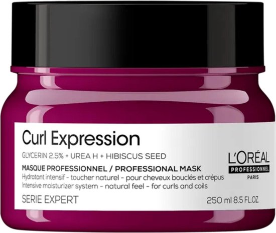 Paarse pot met L'Oréal Professionnel Curl Expression 'Intensive moisturizer system' voor krullend en kroeshaar, 250 ml.