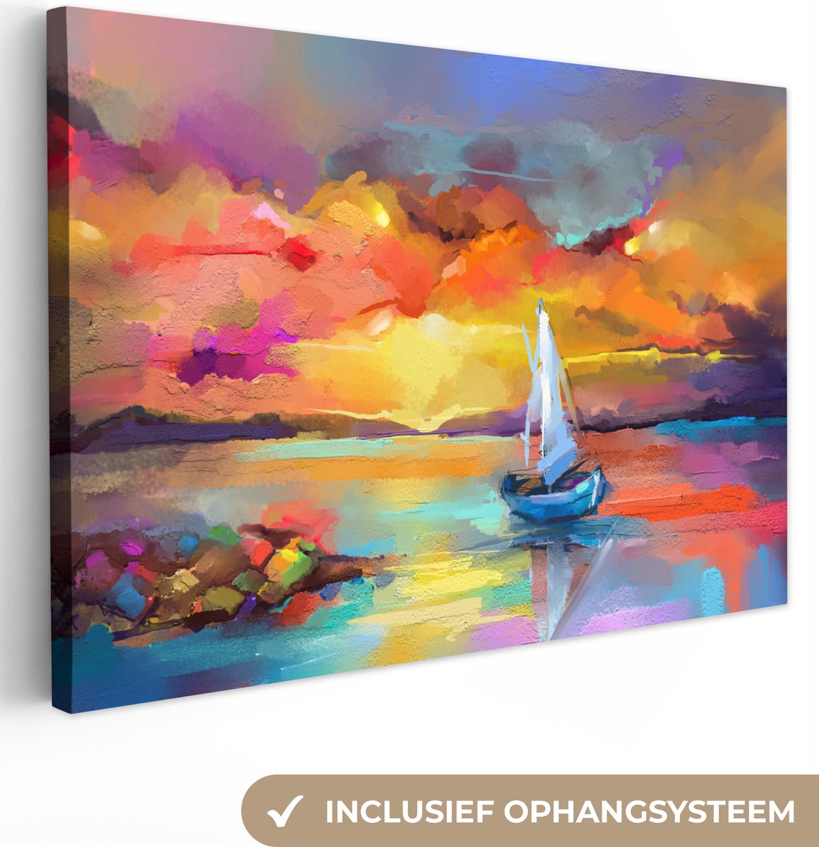 Canvas - Olieverf - Schilderij - Boot - Wolken - Kleuren - 30x20 cm - Interieur - Schilderijen op canvas