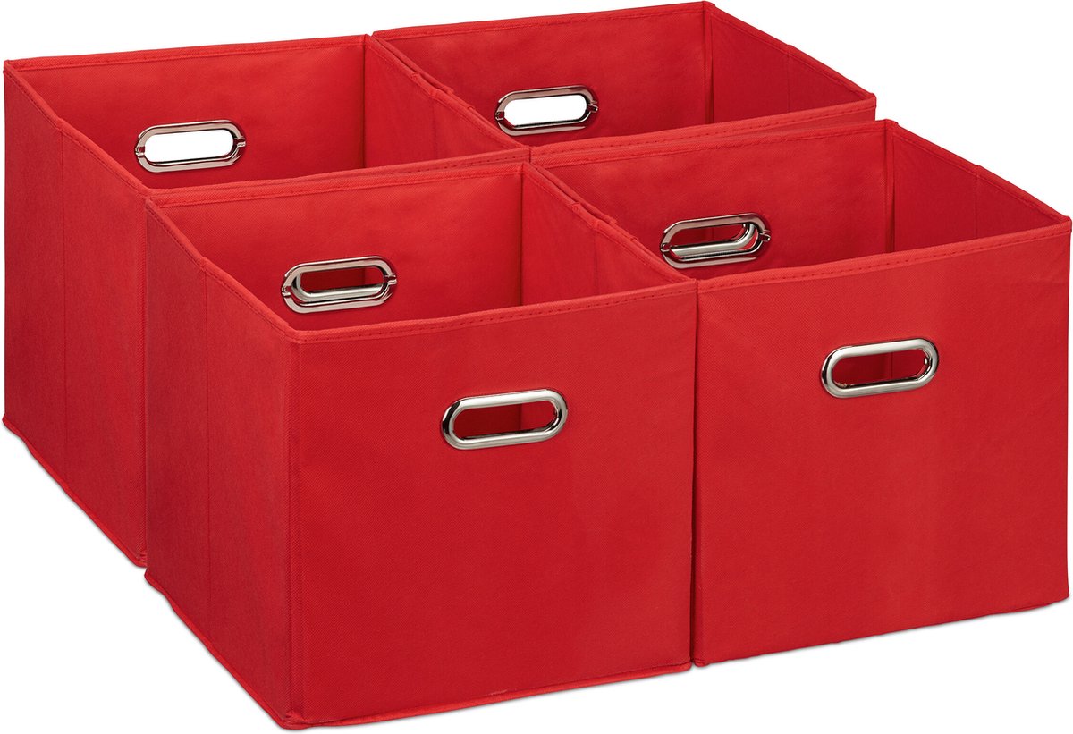 kastmand - set van 4 - opvouwbaar - 30x30x30 cm - 2 handgrepen - speelgoed - rood
