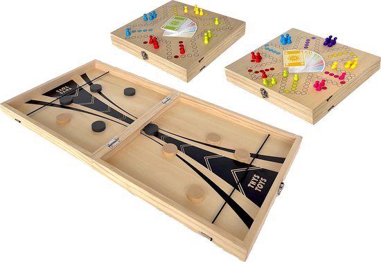 Keezenspel en Slingpuck XXL - Hout - Deluxe - Dubbelzijdig - Opklapbaar - 2 tot 6 Spelers - Tabletop Speed Shuffle 60x30 cm - Houten Keezen Bordspel 30x30 cm