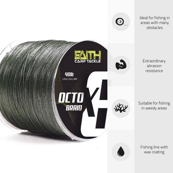 Faith OctoX8 Braided Line - Green - Gevlochten Lijn - 40lb - 0.25mm - 1000m - Groen van Faith — afbeelding 4