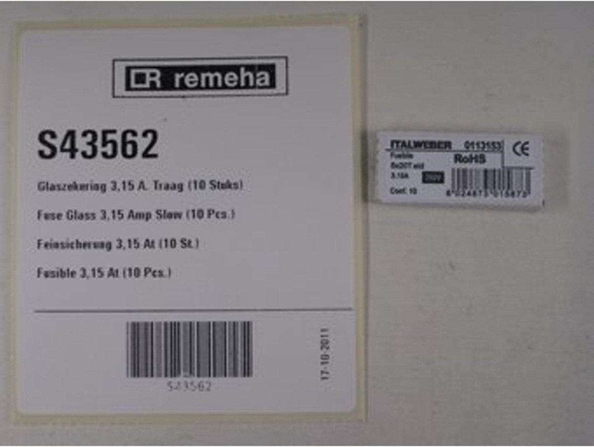 Remeha S43562 Glaszekering Traag 3.15A - Set van 10 Stuks - t.b.v. Calenta, Quinta & Avanta