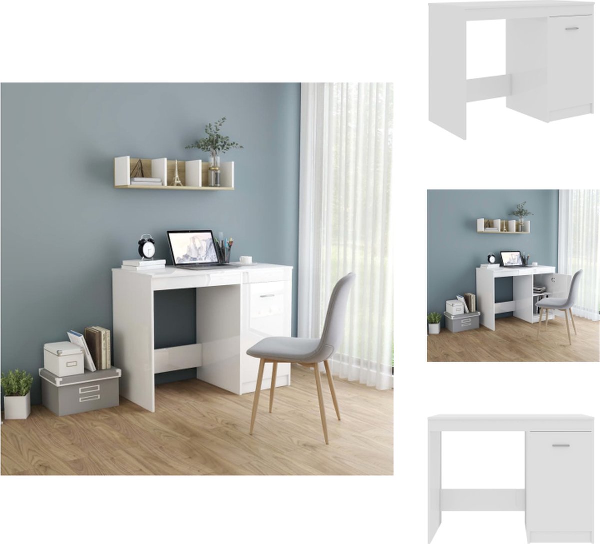 VidaXL Bureau Studio Hoogglans wit 100 x 50 x 76 cm Bewerkt hout Bureau