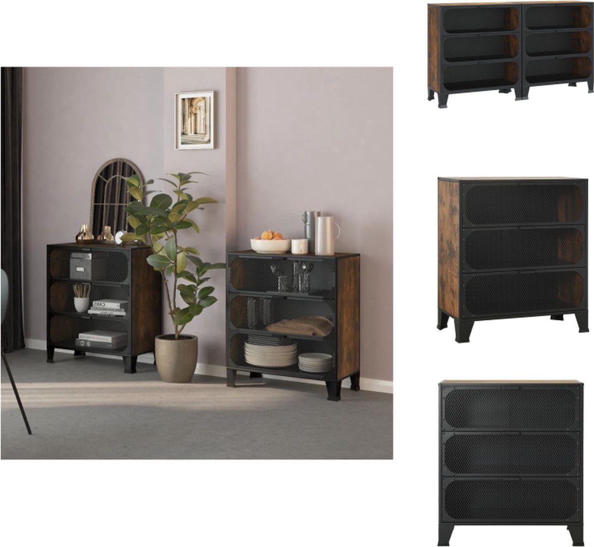 VidaXL Opbergkast 72 x 36 x 82 cm Rustiek Bruin Metalen en MDF Kast met 3 Gaasdeuren Kast